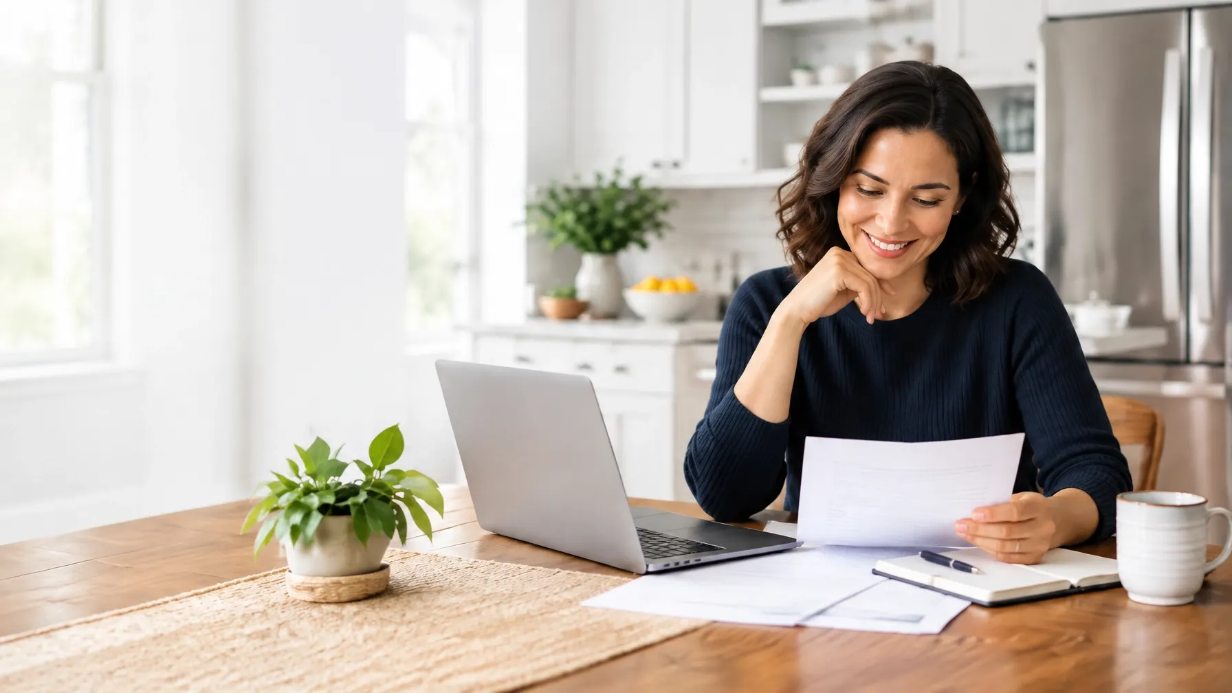 Homeowner reviewing financial paperwork at a kitchen table